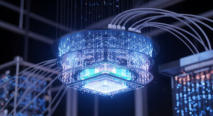Futuristic quantum computer glowing with brilliant blue light and intricate connections