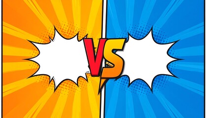 Comic-style image with an orange and blue background divided by a "VS" text. Each side features a white burst