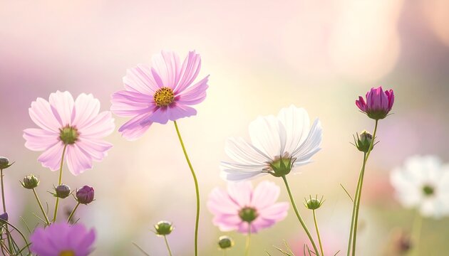 Delicate cosmos flowers in shades of pink and white sway gently in the sunlight, with soft, blurry background - Powered by Adobe
