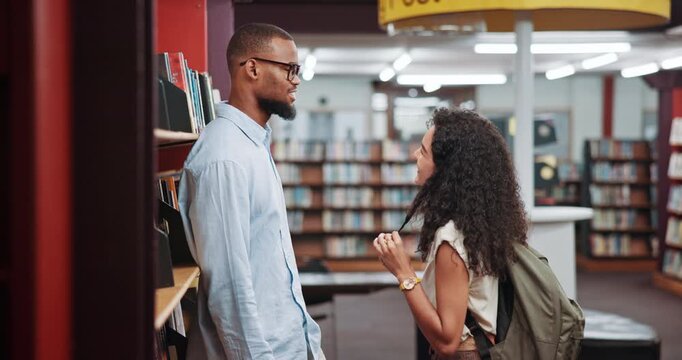 Romance, flirting and people in library with smile, conversation and crush in university attraction. Love, hair tug and students in college with affection, gen z and social chat on study break.