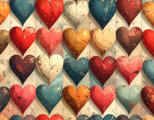 Colorful heart mosaic pattern with textured paint and whimsical imperfections against a tan background
