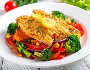 Crispy fish fillet atop a colorful medley of vegetables, garnished with lemon, on a white plate and wooden surface