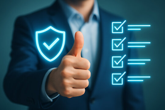 Corporate compliance and protection verification with businessman presenting digital checklist shield icon for business reliability control