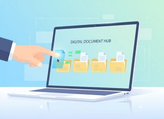 Digital document hub management modern office infographic tech environment close-up viewpoint efficiency