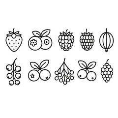 Berries linear icon set. including strawberry, blueberry, blackberry, raspberry, currant, and grape symbols