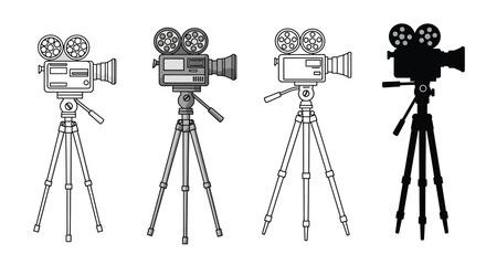 Vintage film cameras on tripods a stylistic black and white illustration