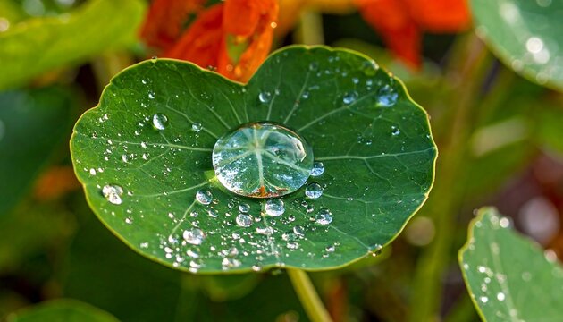 Dewdrops cling to a vibrant green leaf with reddish-orange floral accents in the background