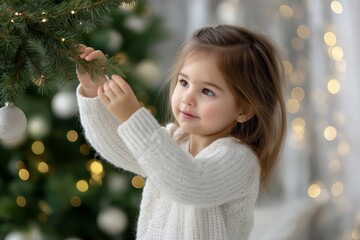Little girl in cozy white sweater reaching for a higher branch on a beautifully decorated Christmas tree with soft bokeh lights creating a warm festive atmosphere