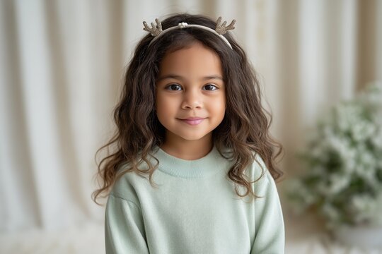 Latina child wearing a pastel green sweater and reindeer headband smiles warmly, showcasing playful spirit and festive cheer in a soft, inviting indoor setting - Powered by Adobe