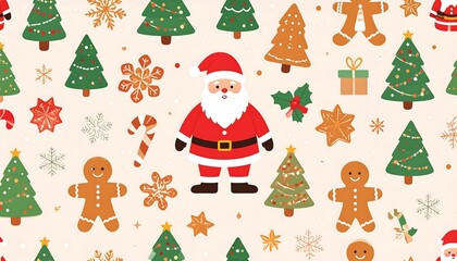 Colorful holiday-themed pattern with cartoon Santa Claus, Christmas trees, snowflakes, gingerbread men, and festive decorations on a cream background