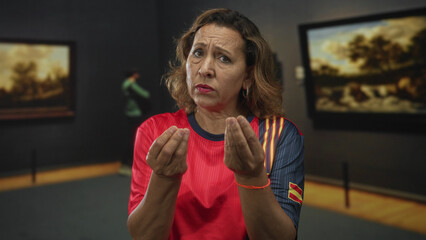 Middle aged hispanic woman wearing red spanish tshirt gestures with bare hands in gallery building;...