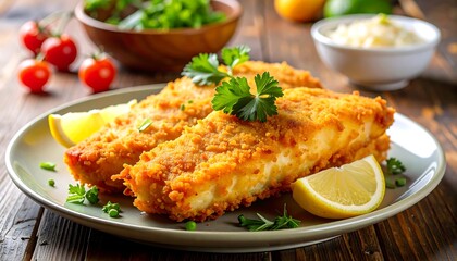Crispy, golden-brown fried fish fillets served with lemon wedges, parsley garnish on a plate. Accompanied by tomatoes, lettuce, and a sauce