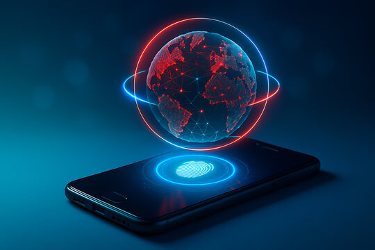 Digital communication concept with mobile phone hologram earth planet data network and advanced fingerprint access security