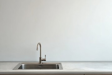 Stainless steel kitchen sink with modern faucet against a plain wall.