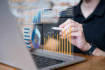 Businessman working on laptop data analysis dashboard client trend preference report chart information business strategy marketing improving sales financial management online digital platform global