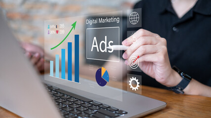 Businessman using data analysis dashboard online advertisement digital marketing in social media campaign platform performance business strategy
