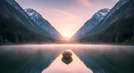 Wooden Boat on Misty Mountain Lake at Sunrise – Landscape Still Life Representing Solitude, Natural Symmetry, and Tranquil Reflection