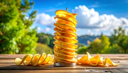 Crispy potato spirals, stacked and spilling, sit on wood with nature's backdrop of green trees and a partly cloudy sky