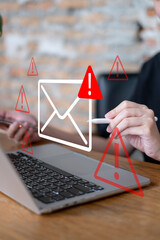Danger warning notification email electronic mail protection privacy scam threat fraud spam virus technology information at risk cybersecurity security safety online digital network attack caution