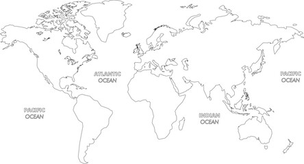 Simple World Map Outline Showing Continents and Oceans