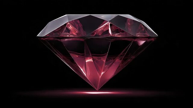 A close up view of a pink gemstone diamond with a dark reflection against a black backdrop
