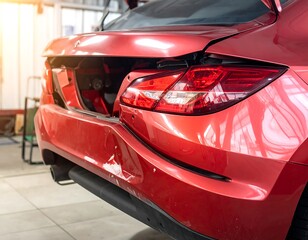 Damaged rear section of a red vehicle, revealing internal components and distorted body panels from impact