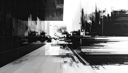 Monochromatic digital distortion of an urban landscape, showcasing a futuristic vision of fragmented architecture and glitched structural designs with dynamic, abstract lines