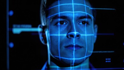Facial recognition technology scanning male face with digital biometric interface. - Powered by Adobe
