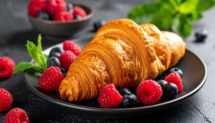 Croissant and berries on a plate, with mint, on a textured gray surface