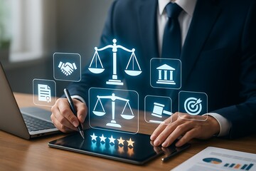 Business executive working with digital justice icons using futuristic tablet for law balance judgment ethics and corporate legal system governance professional management review