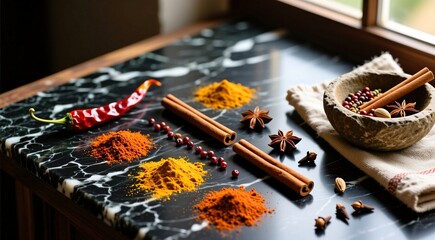 Assorted spices on marble table with cinnamon, chili, and star anise