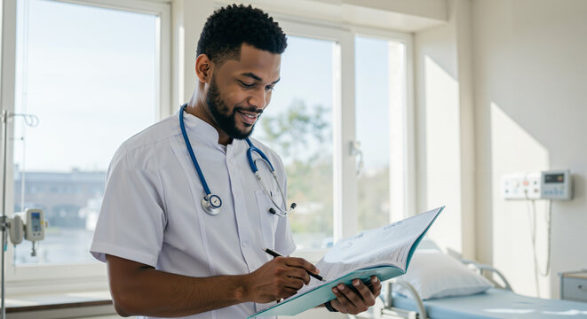 Male doctor writing notes in patient room with natural light   - Powered by Adobe