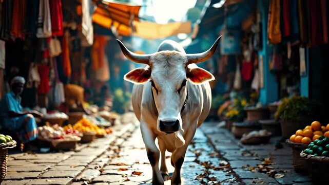 Sacred cow strolling through vibrant market street in india