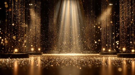 Fototapeta premium Glowing golden particles fall on a stage with spotlight beams.