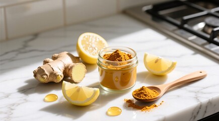 Fresh ginger, turmeric powder, and lemon slices on marble kitchen counter