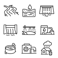 Water management linear icon set. featuring aqueduct, dam, irrigation, treatment plant, reservoir, rainwater, and drainage symbols