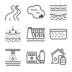Fototapeta premium Water treatment linear icon set. featuring river, pond, pollution, filtration, dam, reservoir, irrigation, pump, tank, house