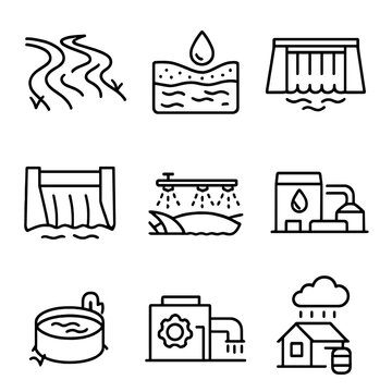 Water management linear icon set. featuring aqueduct, dam, irrigation, treatment plant, reservoir, rainwater, and drainage symbols