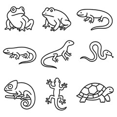 Reptile and amphibian linear icon set. featuring frog, toad, lizard, snake, chameleon, gecko, turtle icons