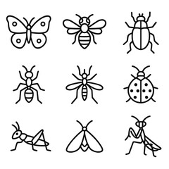 Fototapeta premium Insect linear icon set. featuring butterfly, bee, beetle, ant, mosquito, ladybug, grasshopper, moth, mantis symbols
