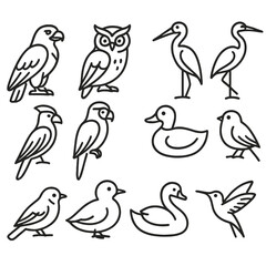 Obraz premium Birds silhouette icon set. featuring owl, parrot, duck, swan, sparrow, eagle, stork, dove, hummingbird