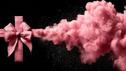 Pink smoke streams from a ribbon bow on a dark background for abstract visual concept - Powered by Adobe