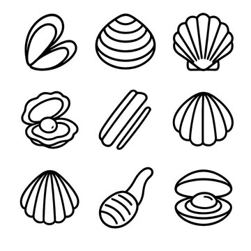 Seafood linear icon set. featuring clam, shell, oyster, mollusk, scallop, and pearl symbols