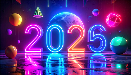 Playful 2025 Neon Scene with Planets and Shapes