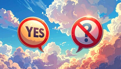 Colorful illustration depicting a 'yes' sign next to a 'no' sign. Set against a bright blue sky with fluffy clouds