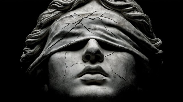 Abstract sculpture of justice with a shattered blindfold symbolizing the clash between truth and corruption against a conceptual neutral background.