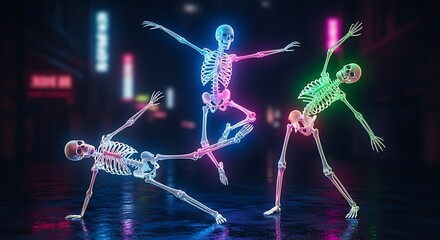 Neon skeletons dance in a vibrant city street at night time