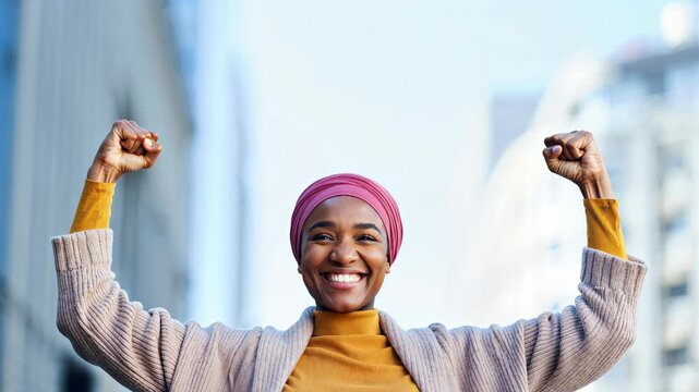 Black young woman celebrating victory over cancer with strength and hope outdoors.