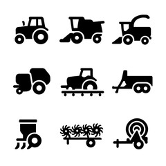 Agriculture equipment silhouette icon set. featuring tractor, harvester, baler, spreader, and plow symbols