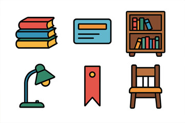 Collection of essential objects for education and reading: stacked books, lamp, bookshelf, and chair